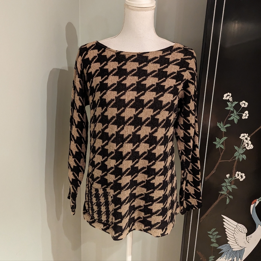 J.Jill Womens XS Houndstooth Boat Neck Sweater Pocket Black Tan Brown Cotton 147